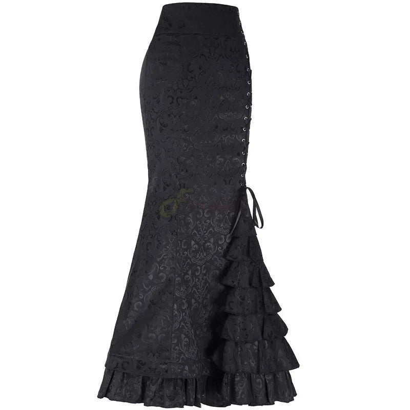 Women's Skirt Gothic Vintage Halloween Steampunk Lace-Up Tiered Ruffled Fishtail Skirt Mermaid Long Dresses Medieval Costumes
