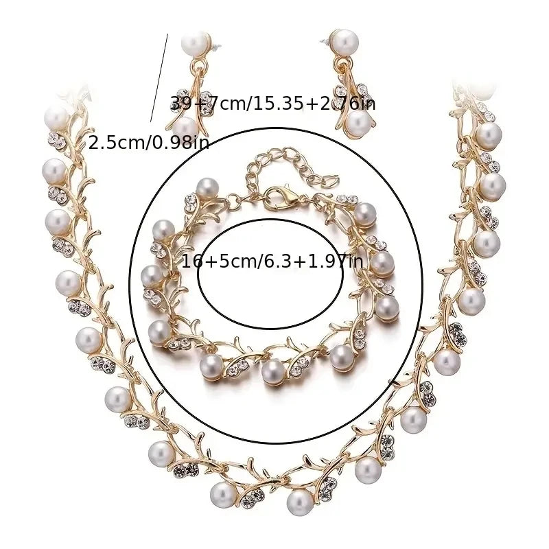 3pcs Sweet Jewelry Set Artificial Pearl Pendant Banquet Party Women's Romantic Pearl Necklace Earrings Bracelet Accessories Set