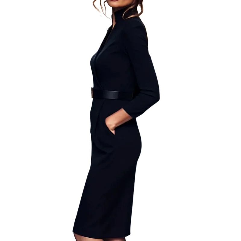 Autumn French Elegant Socialite Pocket Midi Dress Women 2025 New Solid Belt Stand Long Sleeve Dresses Vestidos Female Clothing