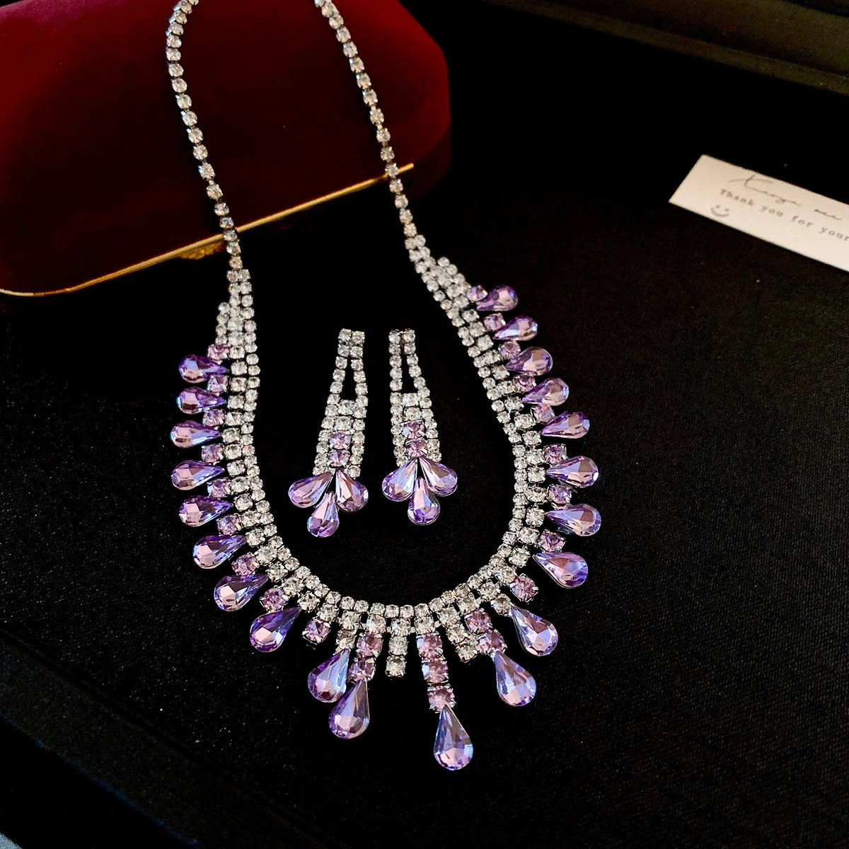 Inlaid Red Rhinestone Necklace Earring Set For Women Light Luxury Water Drop Choker Necklace Bridal Wedding Party Jewelry Sets