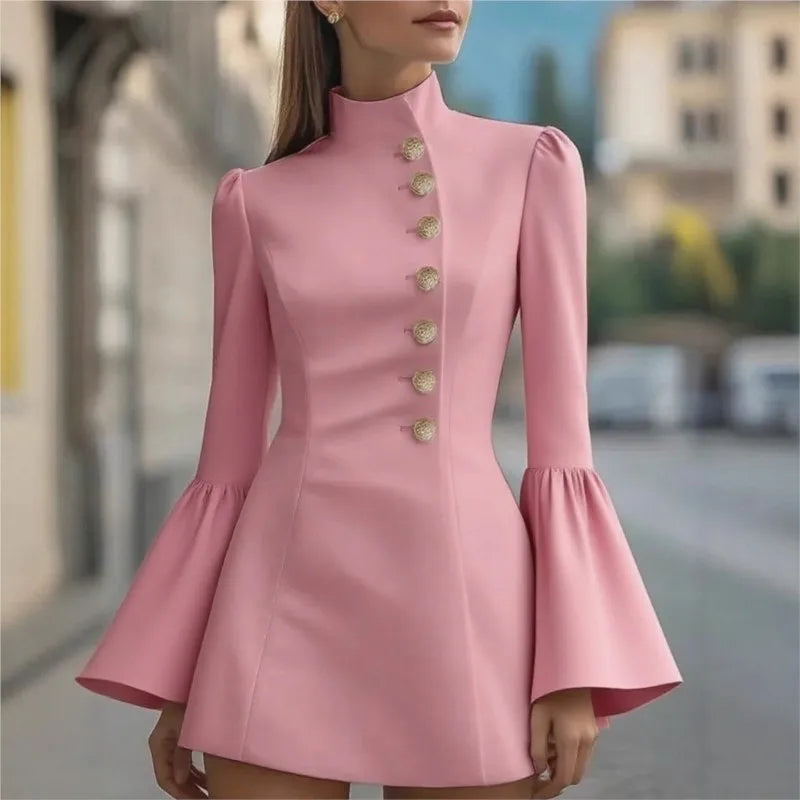 OL Temperament Slim Suit Dress Y2k New Solid Colour Stand-up Collar Flared Sleeve Single-breasted Mini Dresses For Women 2025