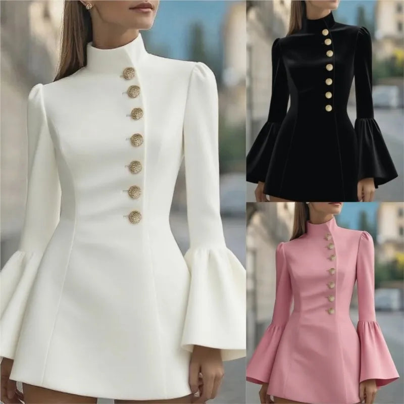 OL Temperament Slim Suit Dress Y2k New Solid Colour Stand-up Collar Flared Sleeve Single-breasted Mini Dresses For Women 2025