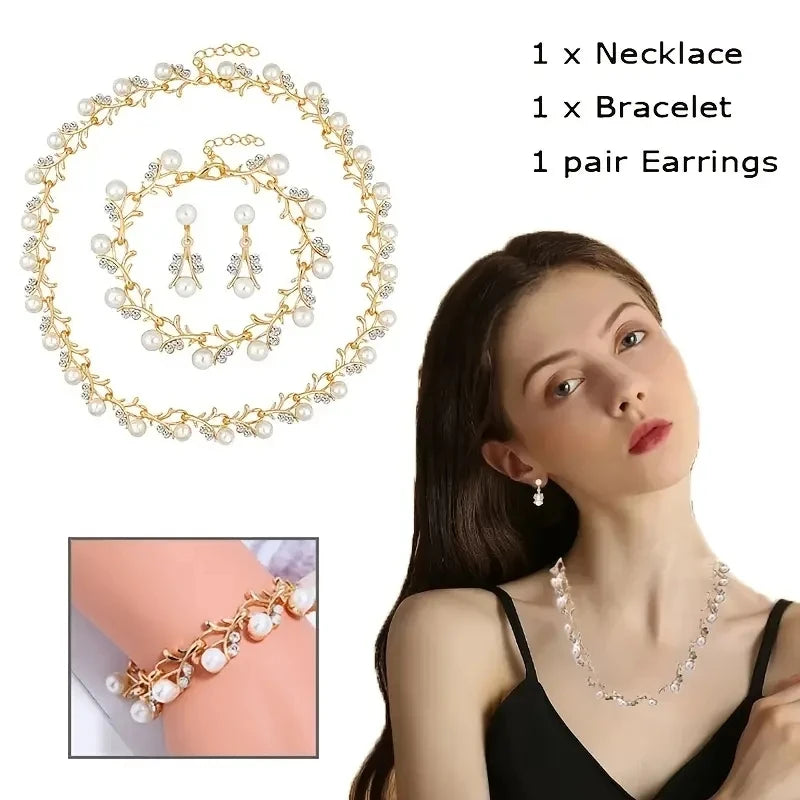 3pcs Sweet Jewelry Set Artificial Pearl Pendant Banquet Party Women's Romantic Pearl Necklace Earrings Bracelet Accessories Set