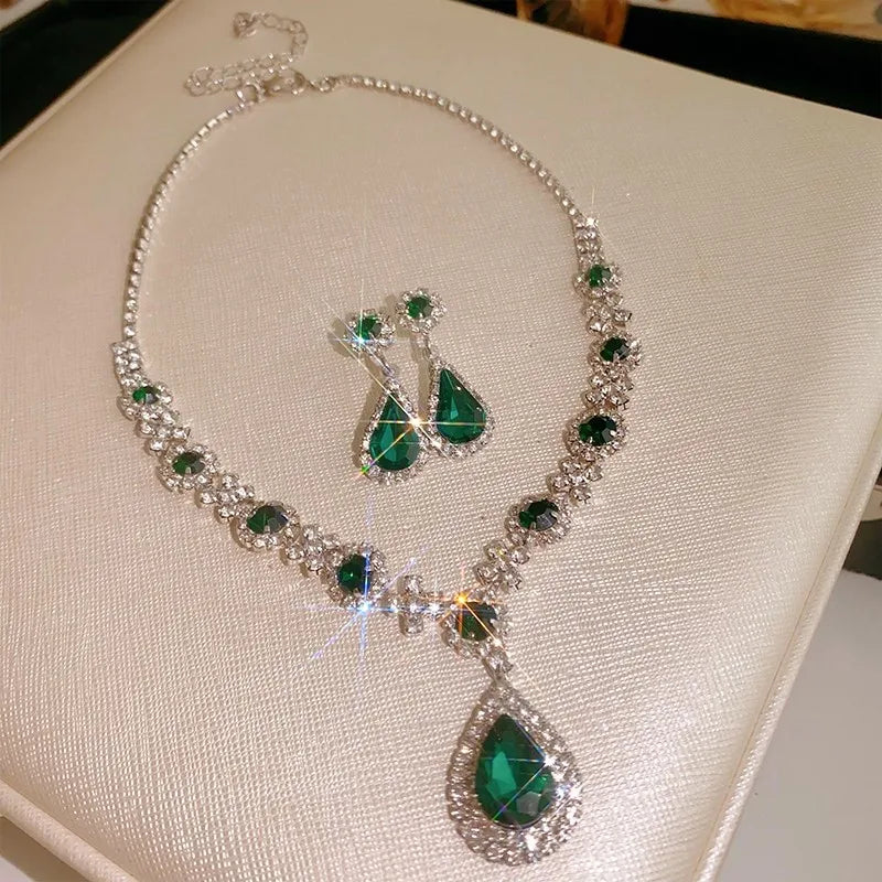 Inlaid Red Rhinestone Necklace Earring Set For Women Light Luxury Water Drop Choker Necklace Bridal Wedding Party Jewelry Sets