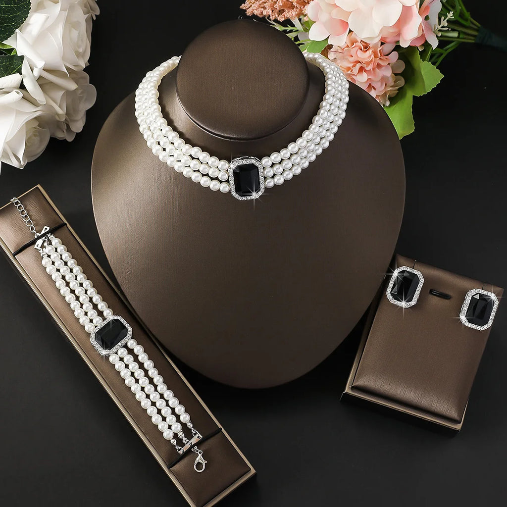 Women's fashion light luxury multi-layer imitation pearl geometric inlaid rhinestone jewelry set, high-end first accessory