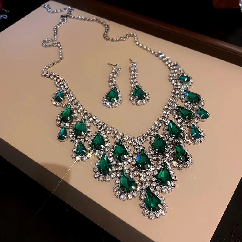 Inlaid Red Rhinestone Necklace Earring Set For Women Light Luxury Water Drop Choker Necklace Bridal Wedding Party Jewelry Sets
