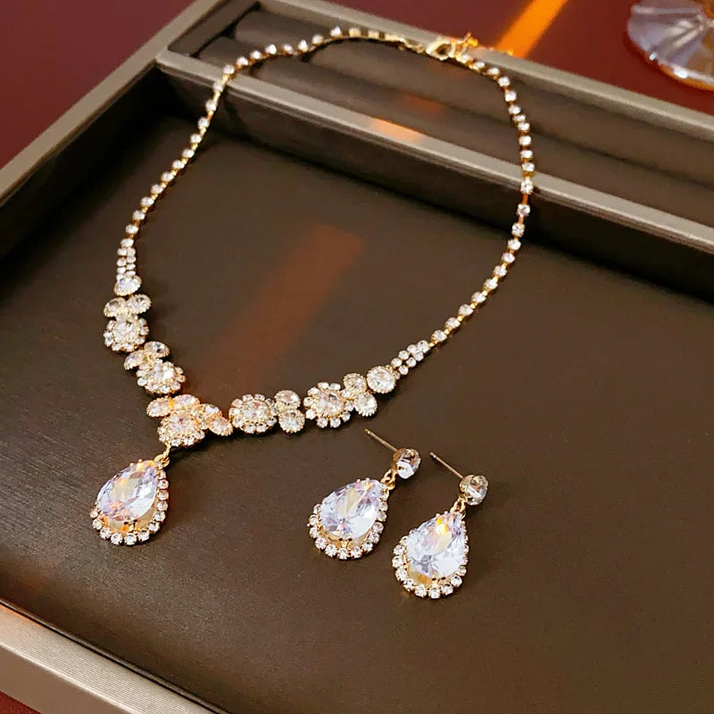 Inlaid Red Rhinestone Necklace Earring Set For Women Light Luxury Water Drop Choker Necklace Bridal Wedding Party Jewelry Sets