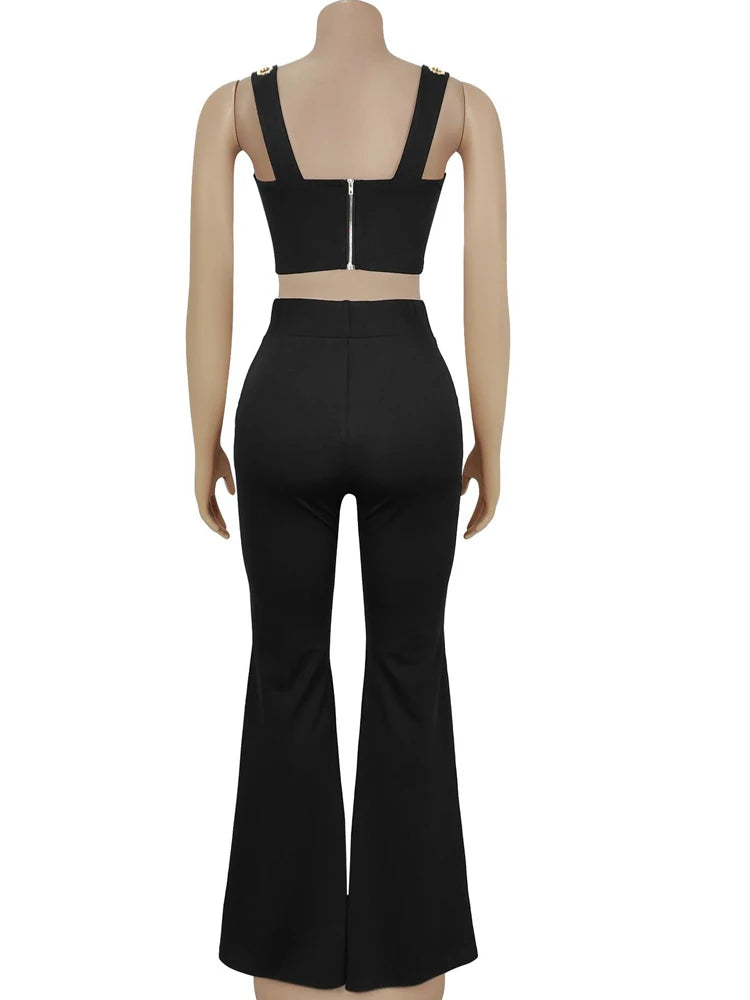 Kricesseen Gorgeous Metal Eyelet Wide Legs Pants Set 2 Piece Outfits Stylish Bustier Top And Holes Trousers Suits Set Clubwear