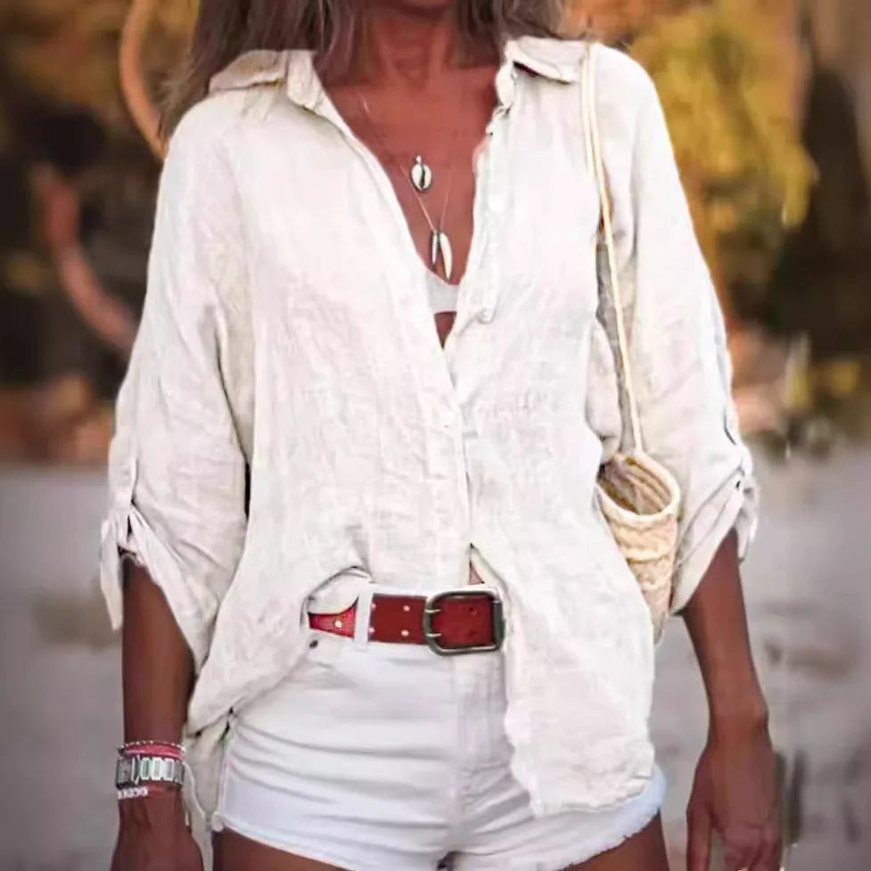 Women Cotton Linen Blouse Shirt Summer Female Turn Down Collar Three Quarter Loose Blouse Tops FYY-85