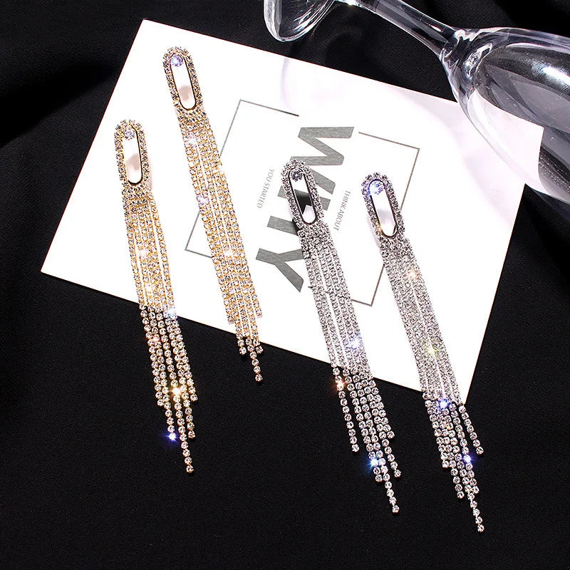 Fashion Shiny Long Tassel Drop Earrings for Women Full Rhinestone Crystal Dangle Earring Girl Wedding Party Personality Jewelry