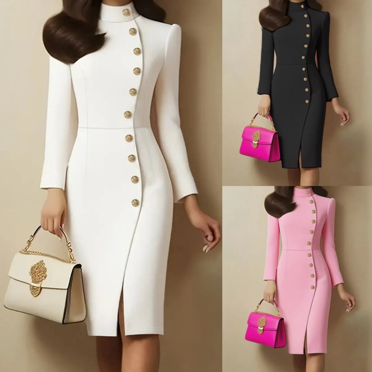 Elegant Stand Collar Split Slim Fit Midi Dress Women's Fashion Single Breasted Solid Party Dress Casual Long Sleeve Autumn Dress