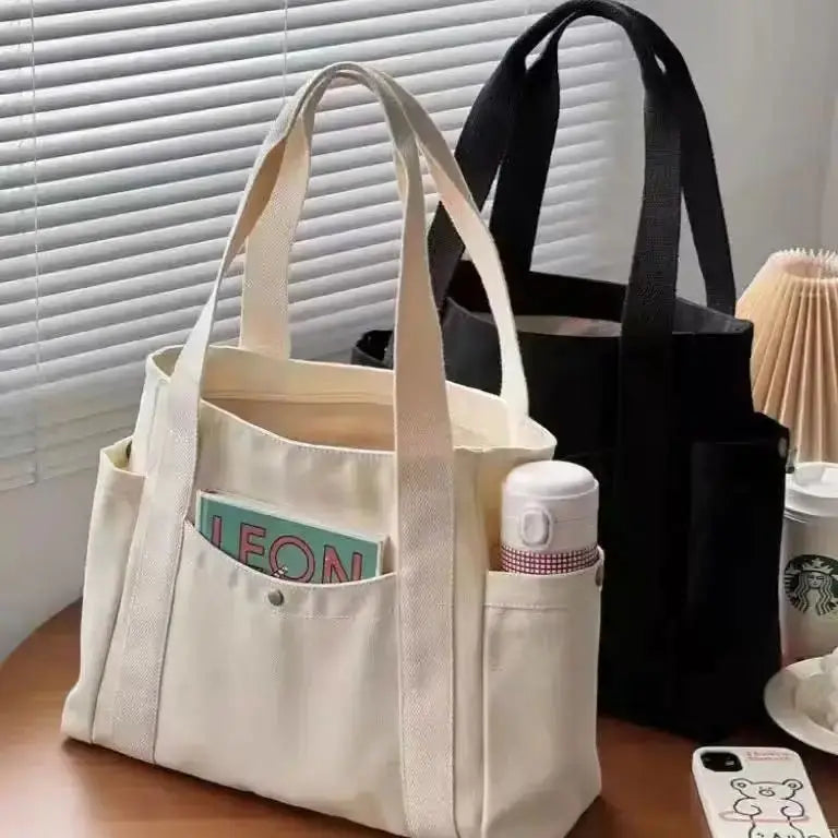 Canvas Women's Bag Large Capacity Multiple Outer Pocket Zipper Shoulder Bag Student Handbag Shopping