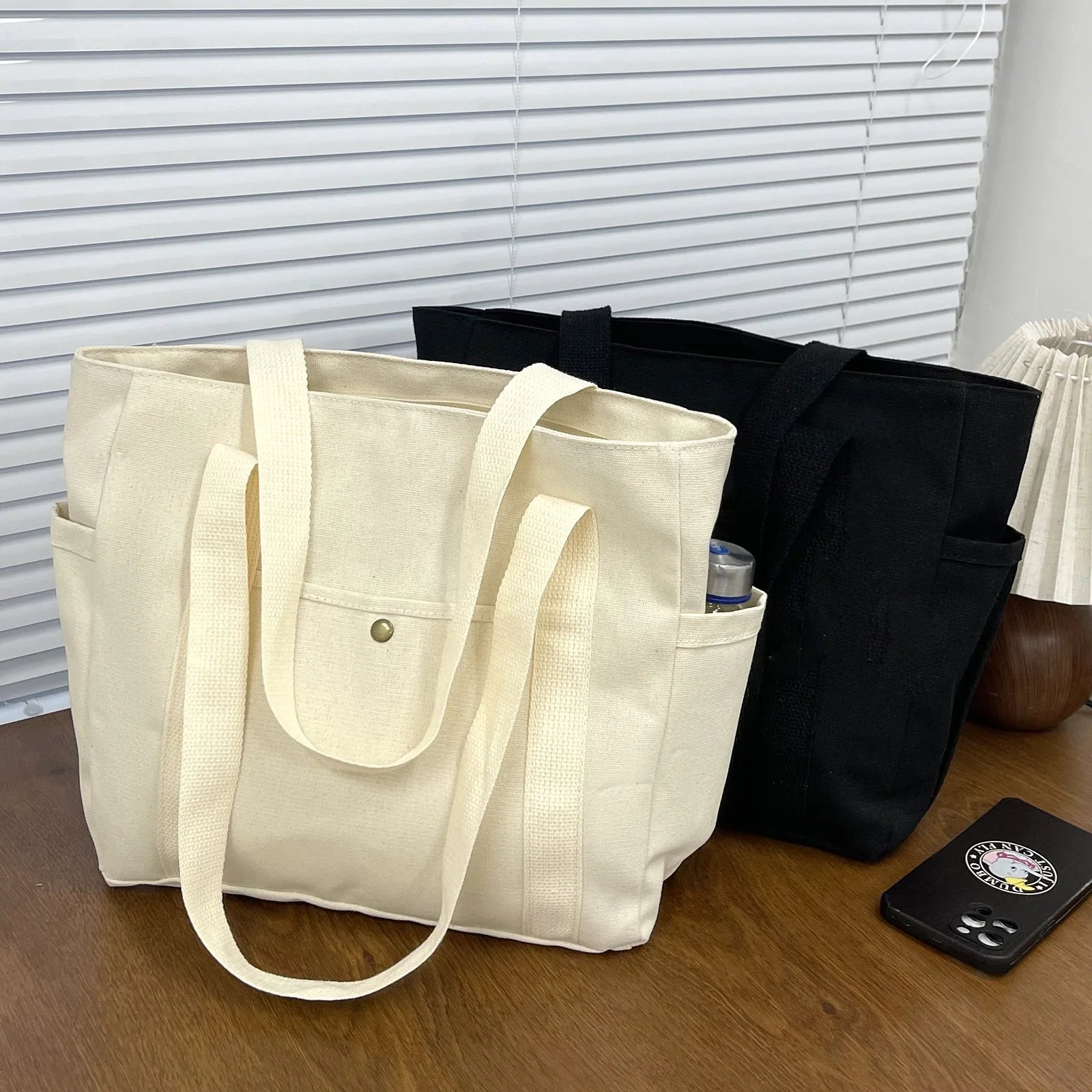 Canvas Women's Bag Large Capacity Multiple Outer Pocket Zipper Shoulder Bag Student Handbag Shopping