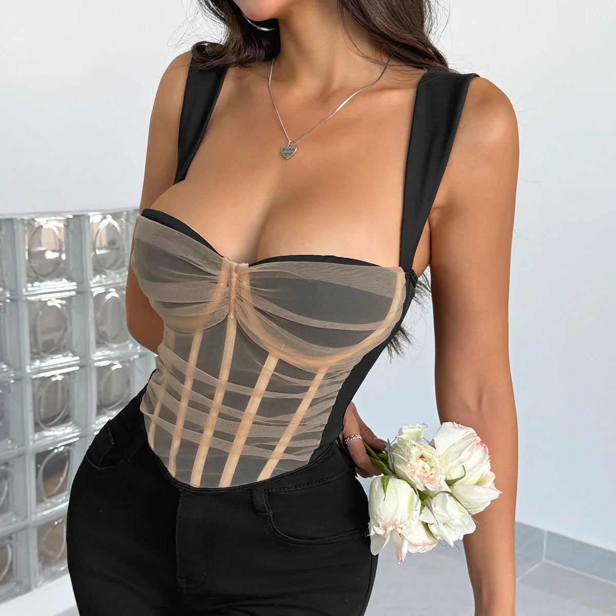 Sleeveless Mesh Bones Crop Tops Y2k Camisole Sexy Women Slim Shaper Vest Fashion Fit Tank Top Summer Corset Party Rave Bustier